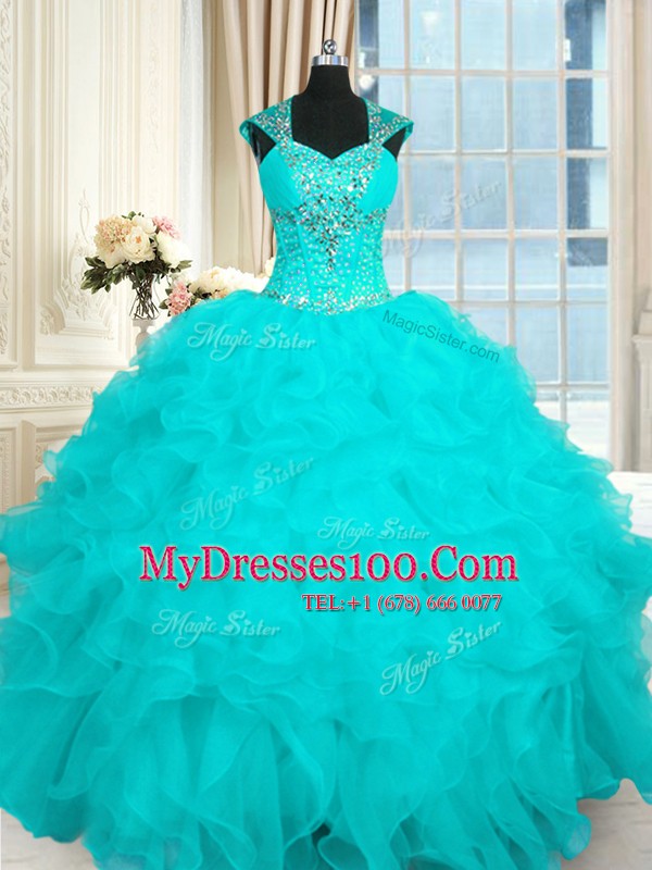 Best Selling Aqua Blue 15th Birthday Dress Military Ball and Sweet 16 and Quinceanera and For with Beading and Ruffles Straps Cap Sleeves Lace Up