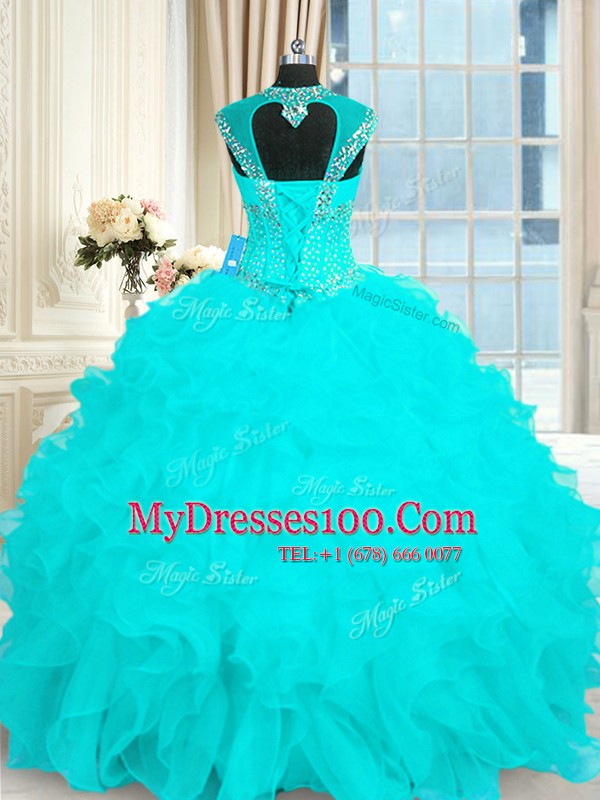 Best Selling Aqua Blue 15th Birthday Dress Military Ball and Sweet 16 and Quinceanera and For with Beading and Ruffles Straps Cap Sleeves Lace Up