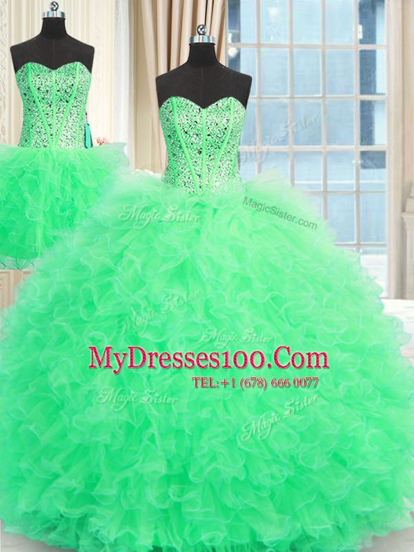 Cute Three Piece Apple Green 15th Birthday Dress Military Ball and Sweet 16 and Quinceanera and For with Beading and Ruffles Strapless Sleeveless Lace Up