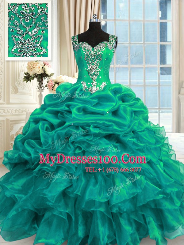 Suitable Turquoise Ball Gowns Organza Straps Sleeveless Beading and Ruffles and Pick Ups Floor Length Lace Up Vestidos de Quinceanera