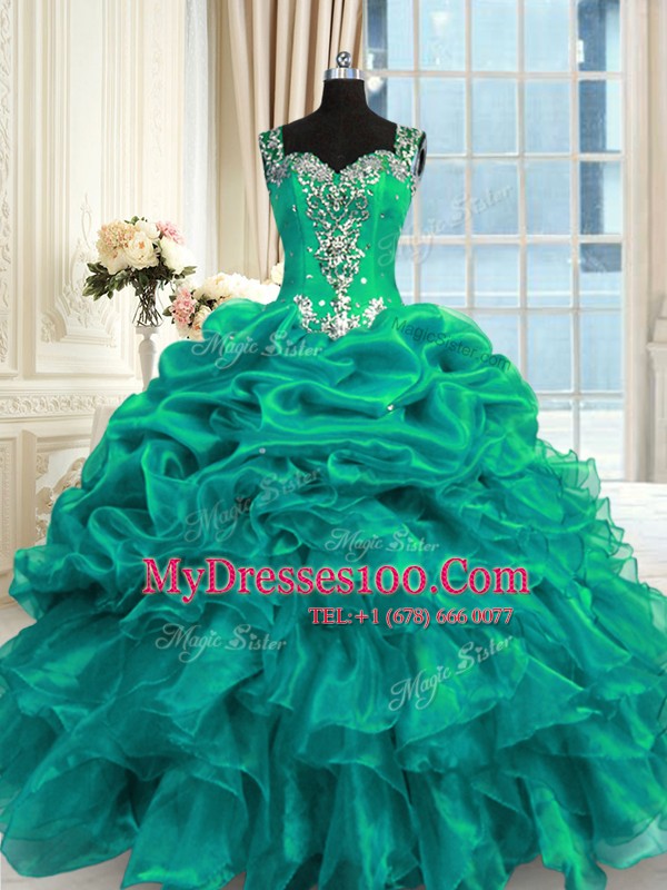 Suitable Turquoise Ball Gowns Organza Straps Sleeveless Beading and Ruffles and Pick Ups Floor Length Lace Up Vestidos de Quinceanera