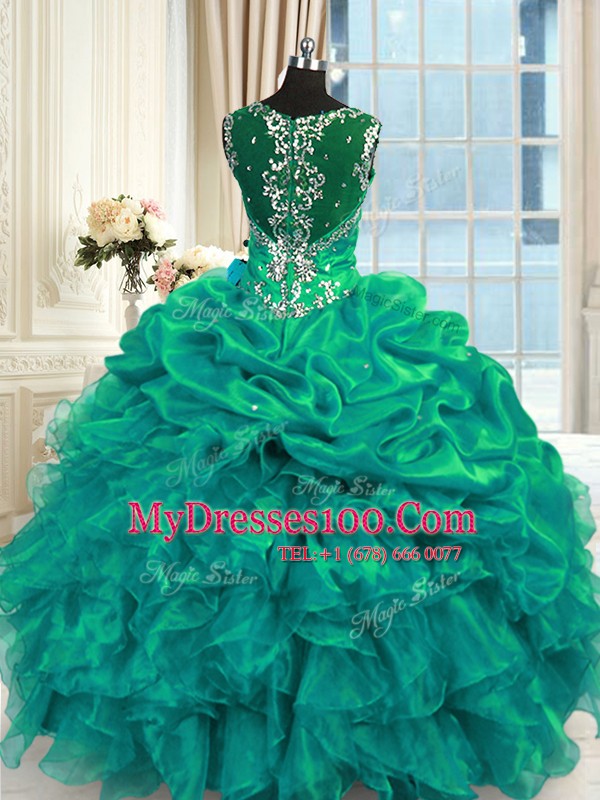 Suitable Turquoise Ball Gowns Organza Straps Sleeveless Beading and Ruffles and Pick Ups Floor Length Lace Up Vestidos de Quinceanera