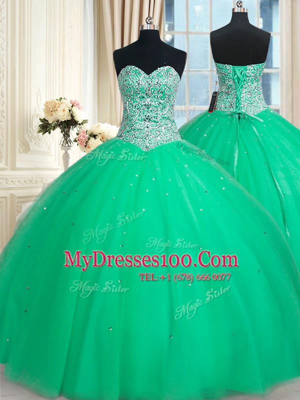 Sequins Floor Length Green Quinceanera Gown Sweetheart Sleeveless Lace Up