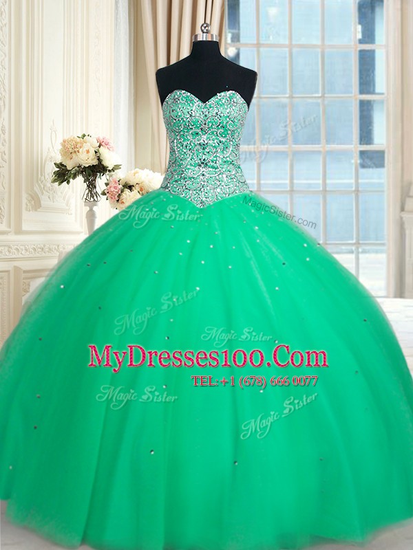 Sequins Floor Length Green Quinceanera Gown Sweetheart Sleeveless Lace Up