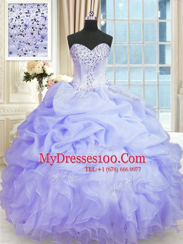 Fashionable Lavender Ball Gowns Sweetheart Sleeveless Organza Floor Length Lace Up Beading and Ruffles 15th Birthday Dress