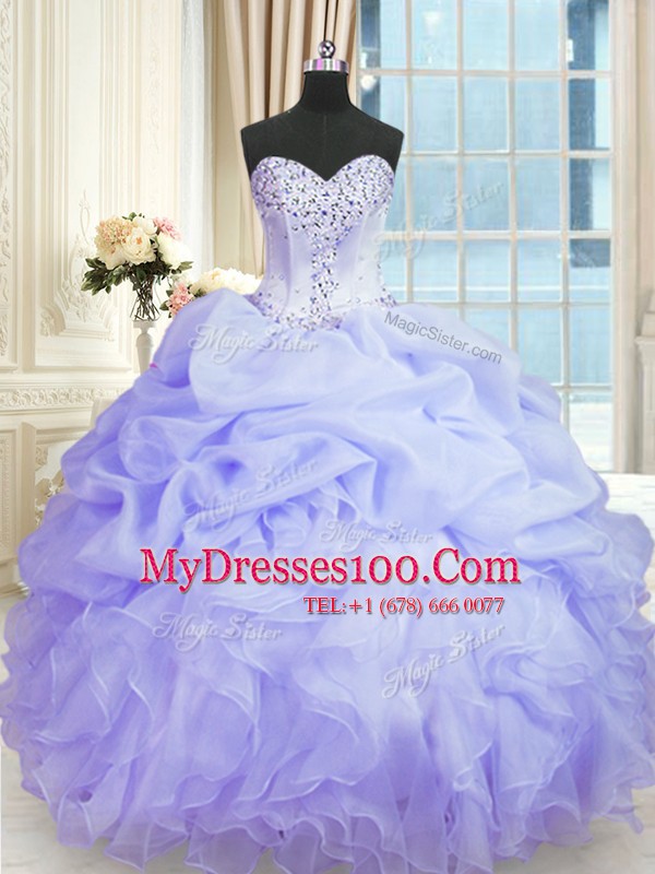 Fashionable Lavender Ball Gowns Sweetheart Sleeveless Organza Floor Length Lace Up Beading and Ruffles 15th Birthday Dress