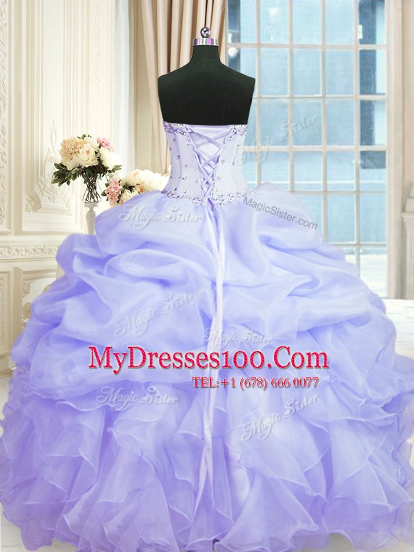 Fashionable Lavender Ball Gowns Sweetheart Sleeveless Organza Floor Length Lace Up Beading and Ruffles 15th Birthday Dress