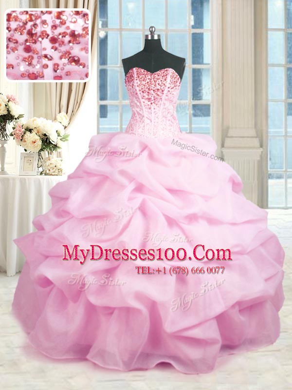 Designer Sleeveless Organza Floor Length Lace Up Sweet 16 Quinceanera Dress in Pink with Beading and Ruffles
