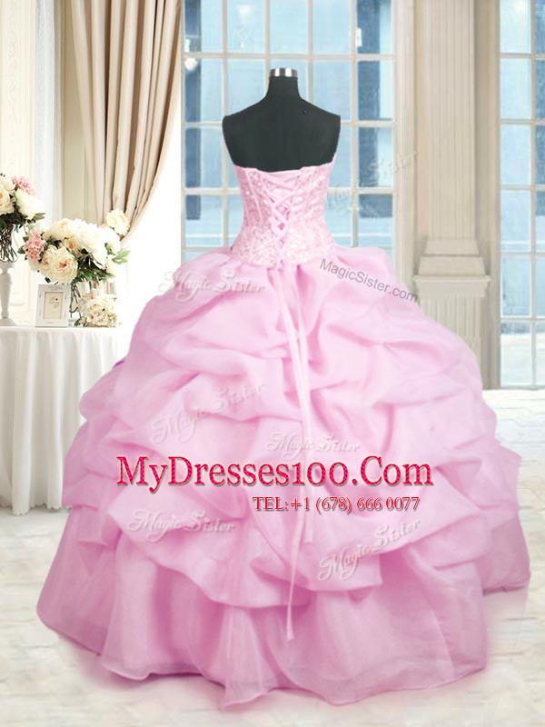 Designer Sleeveless Organza Floor Length Lace Up Sweet 16 Quinceanera Dress in Pink with Beading and Ruffles