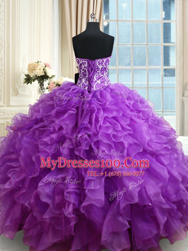 Sleeveless Lace Up Floor Length Beading and Ruffles 15th Birthday Dress