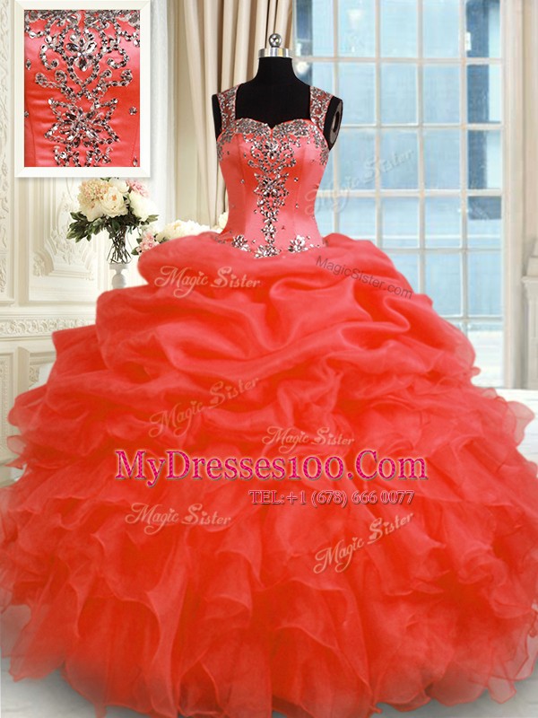 Luxury Red Straps Zipper Beading and Ruffles Ball Gown Prom Dress Sleeveless