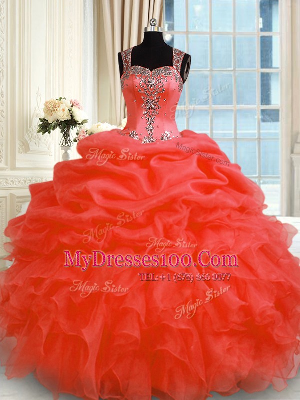 Luxury Red Straps Zipper Beading and Ruffles Ball Gown Prom Dress Sleeveless