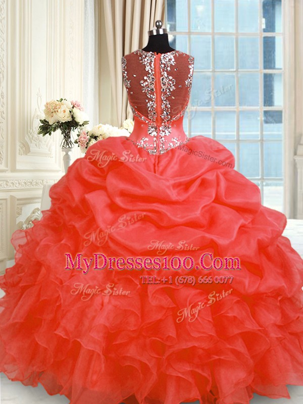 Luxury Red Straps Zipper Beading and Ruffles Ball Gown Prom Dress Sleeveless