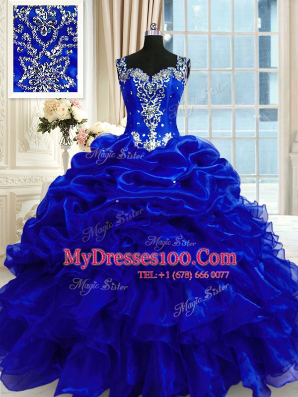 Dramatic Royal Blue 15th Birthday Dress Military Ball and Sweet 16 and Quinceanera and For with Beading and Ruffles and Pick Ups Straps Sleeveless Lace Up
