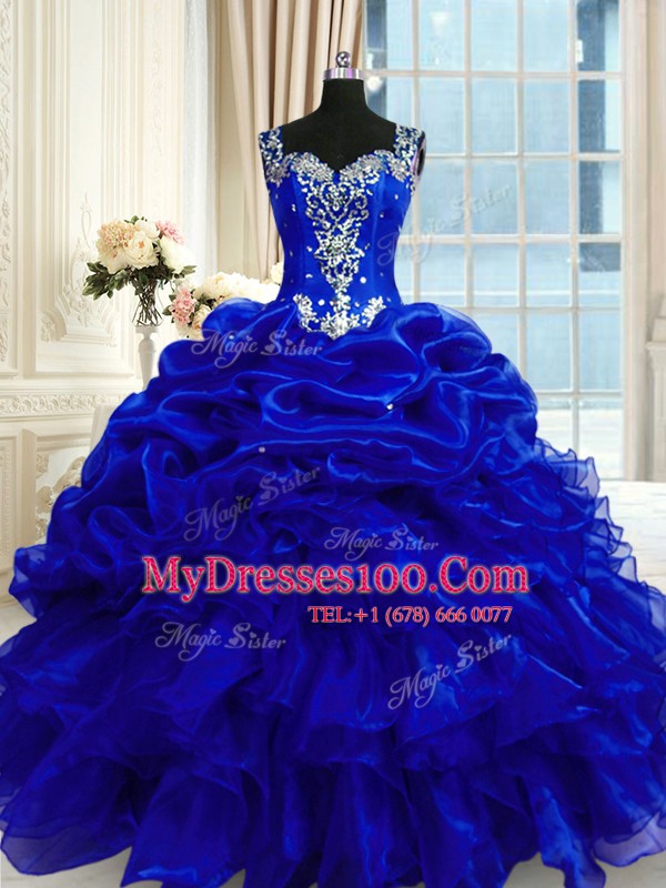 Dramatic Royal Blue 15th Birthday Dress Military Ball and Sweet 16 and Quinceanera and For with Beading and Ruffles and Pick Ups Straps Sleeveless Lace Up