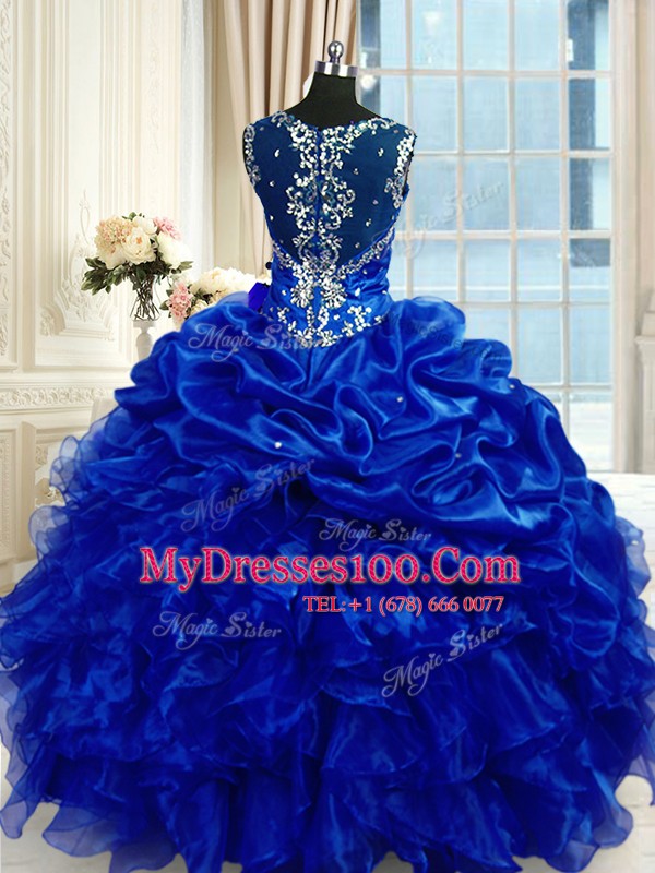 Dramatic Royal Blue 15th Birthday Dress Military Ball and Sweet 16 and Quinceanera and For with Beading and Ruffles and Pick Ups Straps Sleeveless Lace Up