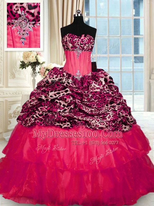 Printed Red Sleeveless Sweep Train Beading and Ruffled Layers Quinceanera Gown
