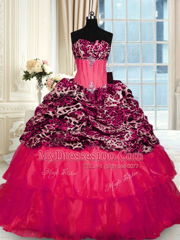 Printed Red Sleeveless Sweep Train Beading and Ruffled Layers Quinceanera Gown