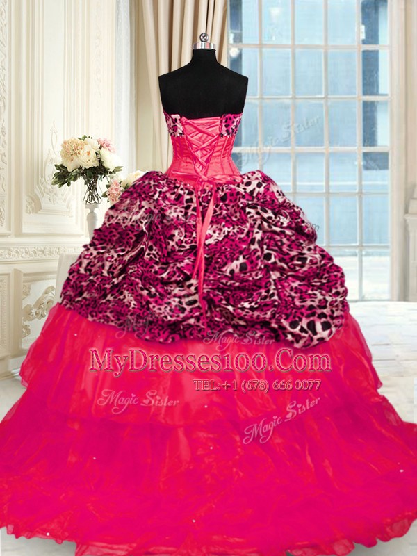 Printed Red Sleeveless Sweep Train Beading and Ruffled Layers Quinceanera Gown