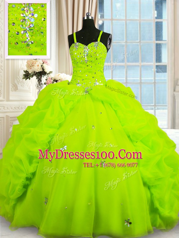 Simple Yellow Green Spaghetti Straps Neckline Beading and Pick Ups 15th Birthday Dress Sleeveless Lace Up
