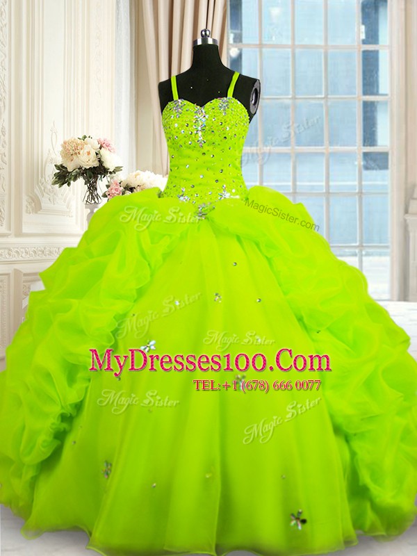 Simple Yellow Green Spaghetti Straps Neckline Beading and Pick Ups 15th Birthday Dress Sleeveless Lace Up
