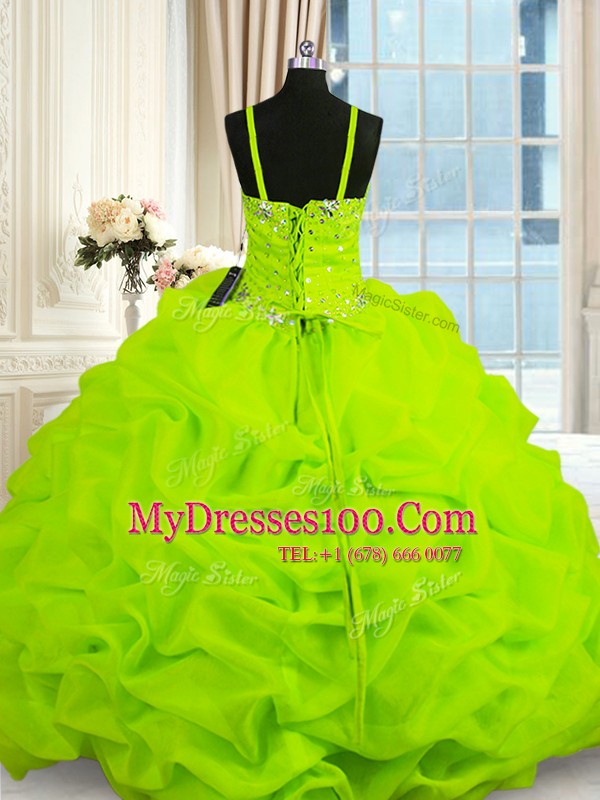 Simple Yellow Green Spaghetti Straps Neckline Beading and Pick Ups 15th Birthday Dress Sleeveless Lace Up