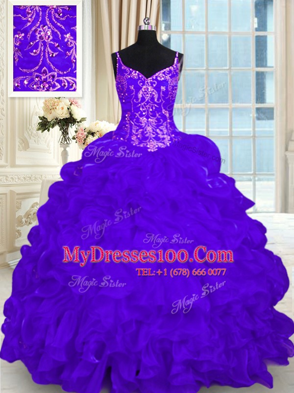 Hot Selling Purple Quinceanera Gowns Military Ball and Sweet 16 and Quinceanera and For with Beading and Embroidery and Ruffles and Pick Ups Spaghetti Straps Sleeveless Brush Train Lace Up