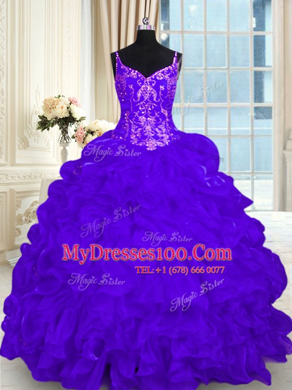 Hot Selling Purple Quinceanera Gowns Military Ball and Sweet 16 and Quinceanera and For with Beading and Embroidery and Ruffles and Pick Ups Spaghetti Straps Sleeveless Brush Train Lace Up
