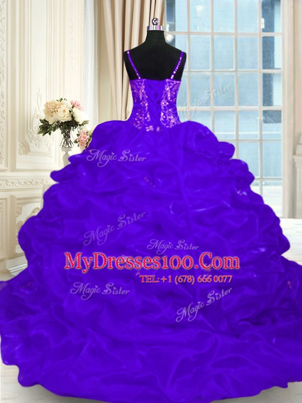 Hot Selling Purple Quinceanera Gowns Military Ball and Sweet 16 and Quinceanera and For with Beading and Embroidery and Ruffles and Pick Ups Spaghetti Straps Sleeveless Brush Train Lace Up