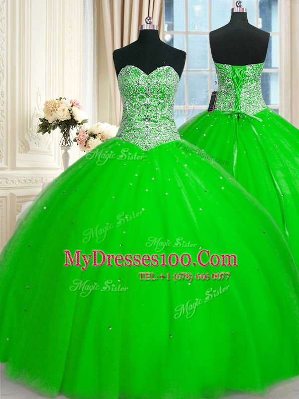 Discount Ball Gowns Sweetheart Sleeveless Tulle Floor Length Lace Up Beading and Sequins Sweet 16 Quinceanera Dress
