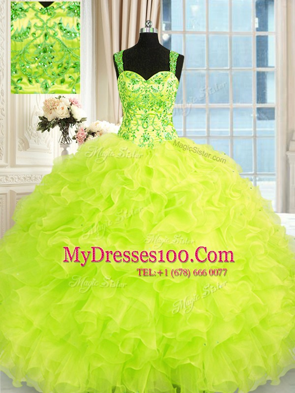 Yellow Green Straps Lace Up Beading and Embroidery and Ruffles Quinceanera Gowns Sleeveless