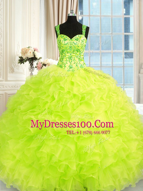 Yellow Green Straps Lace Up Beading and Embroidery and Ruffles Quinceanera Gowns Sleeveless