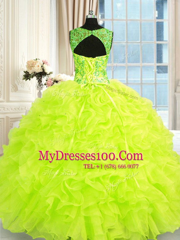 Yellow Green Straps Lace Up Beading and Embroidery and Ruffles Quinceanera Gowns Sleeveless
