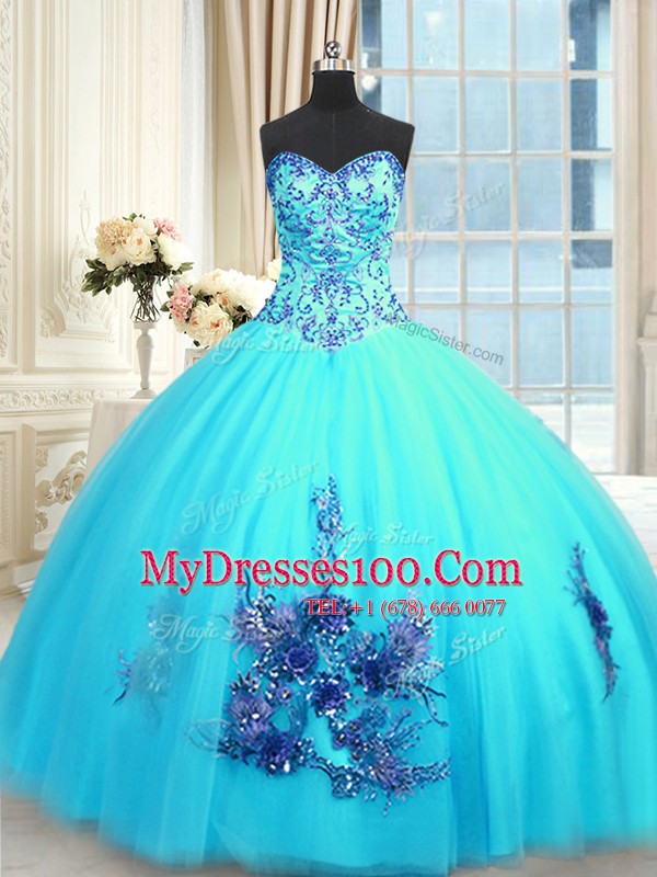 Trendy Baby Blue Sleeveless Tulle Lace Up Sweet 16 Dress for Military Ball and Sweet 16 and Quinceanera