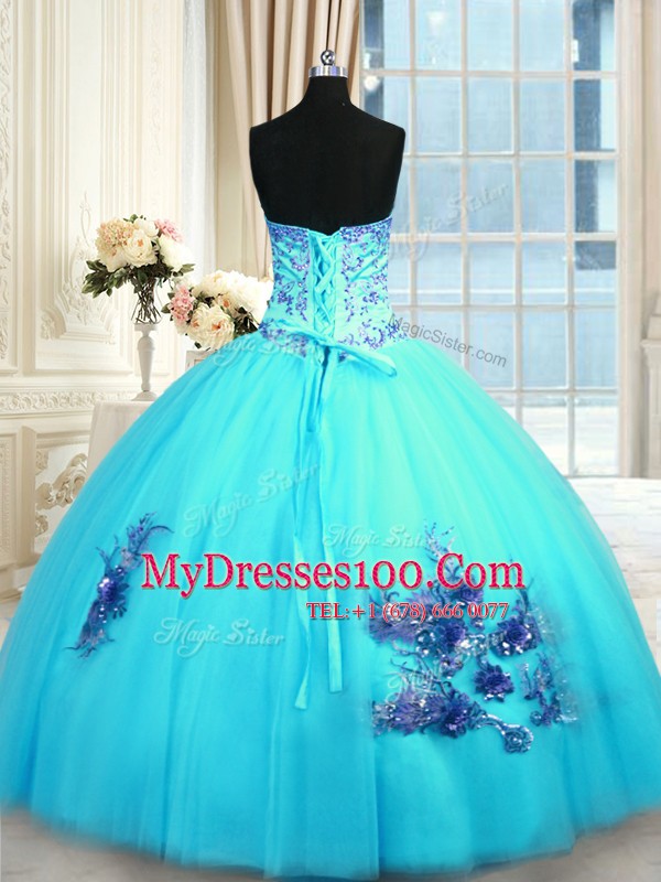 Trendy Baby Blue Sleeveless Tulle Lace Up Sweet 16 Dress for Military Ball and Sweet 16 and Quinceanera