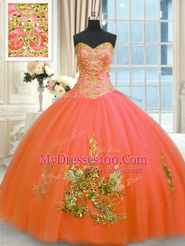 Beading and Appliques and Embroidery Quinceanera Gown Orange Red Lace Up Sleeveless Floor Length
