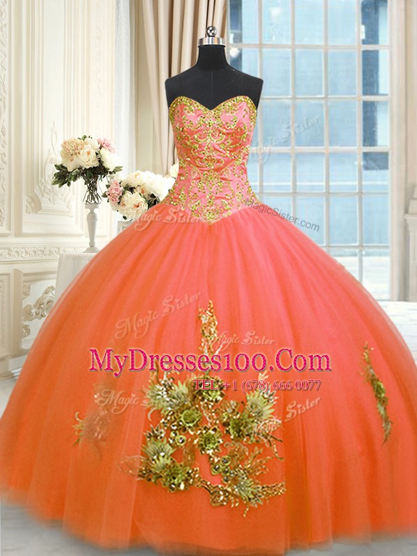Beading and Appliques and Embroidery Quinceanera Gown Orange Red Lace Up Sleeveless Floor Length
