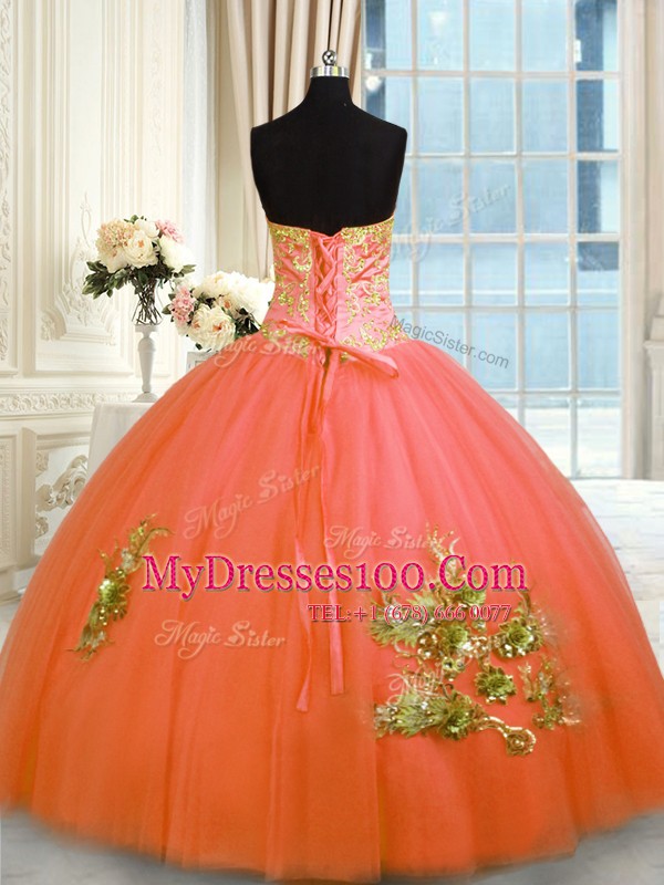 Beading and Appliques and Embroidery Quinceanera Gown Orange Red Lace Up Sleeveless Floor Length