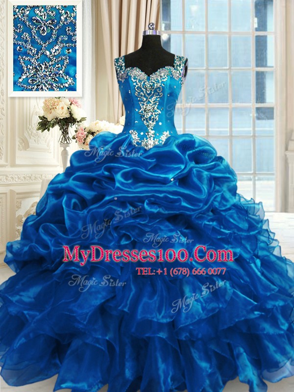Floor Length Blue Sweet 16 Dresses Organza Sleeveless Beading and Ruffles