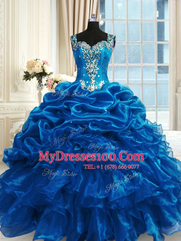 Floor Length Blue Sweet 16 Dresses Organza Sleeveless Beading and Ruffles