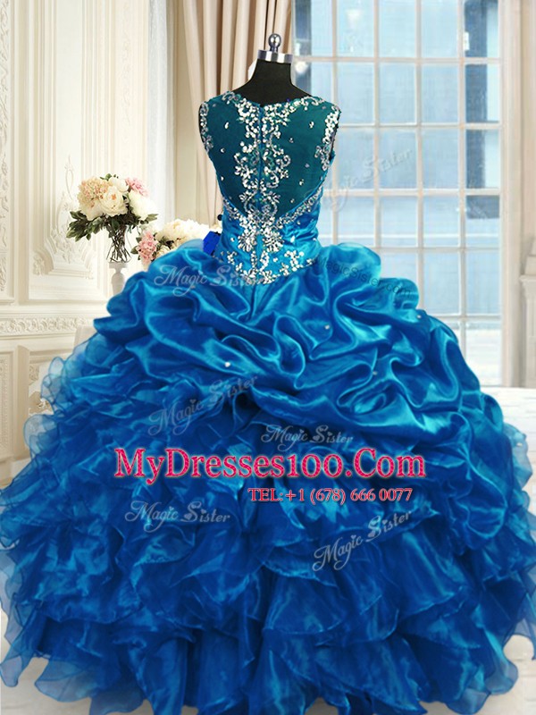 Floor Length Blue Sweet 16 Dresses Organza Sleeveless Beading and Ruffles
