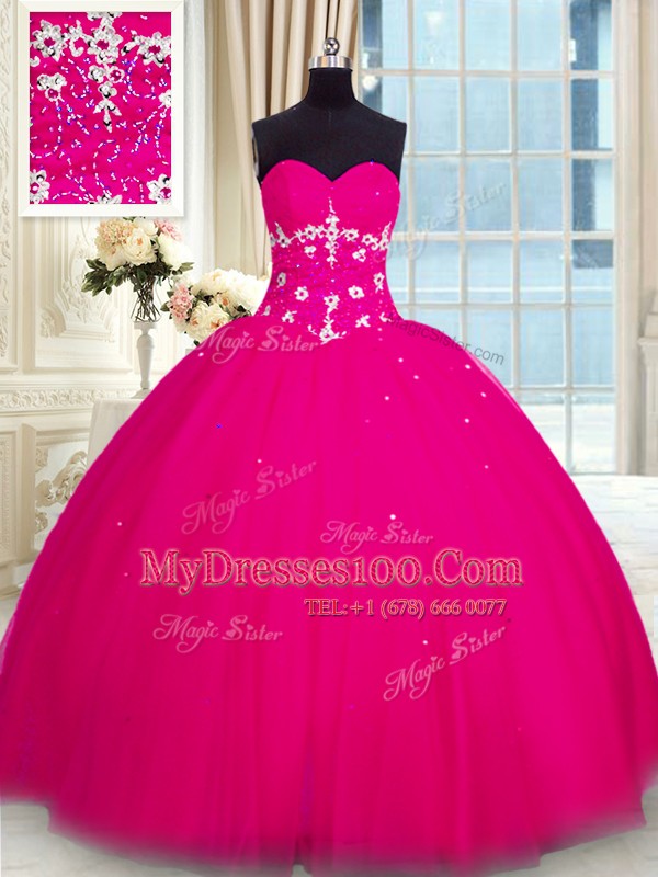 Ball Gowns 15 Quinceanera Dress Fuchsia Sweetheart Tulle Sleeveless Floor Length Lace Up