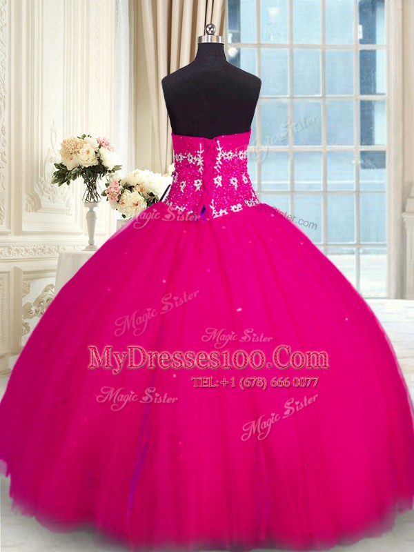 Ball Gowns 15 Quinceanera Dress Fuchsia Sweetheart Tulle Sleeveless Floor Length Lace Up