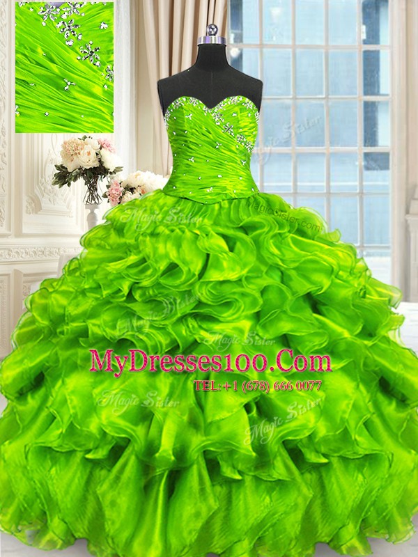 Ball Gowns Sweetheart Sleeveless Organza Floor Length Lace Up Beading and Ruffles and Ruching Ball Gown Prom Dress