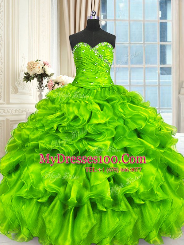 Ball Gowns Sweetheart Sleeveless Organza Floor Length Lace Up Beading and Ruffles and Ruching Ball Gown Prom Dress