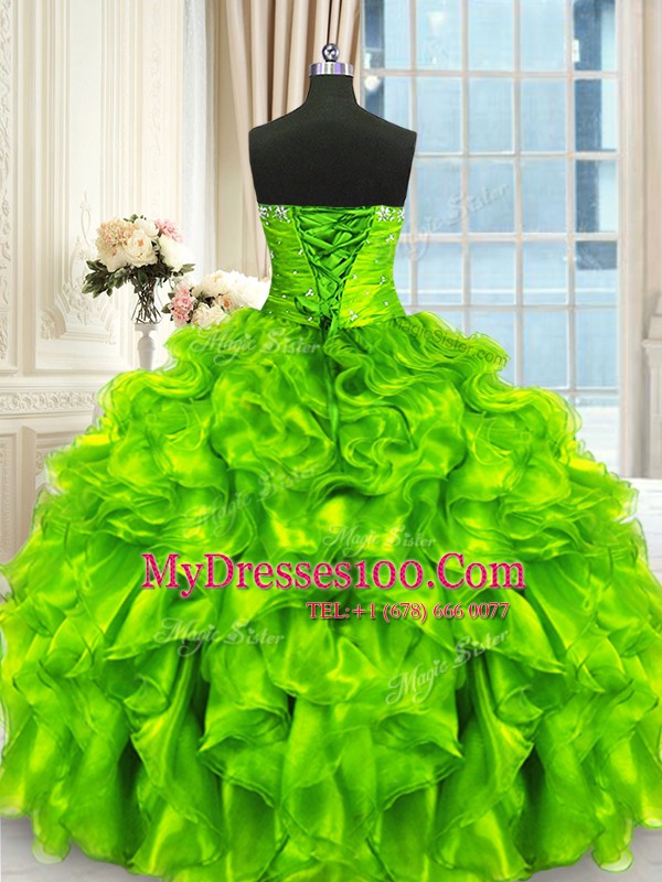 Ball Gowns Sweetheart Sleeveless Organza Floor Length Lace Up Beading and Ruffles and Ruching Ball Gown Prom Dress