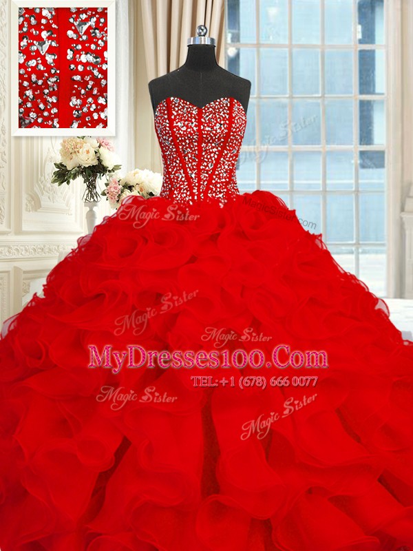 Beading and Ruffles Vestidos de Quinceanera Red Lace Up Sleeveless With Brush Train
