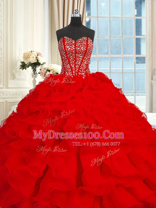 Beading and Ruffles Vestidos de Quinceanera Red Lace Up Sleeveless With Brush Train