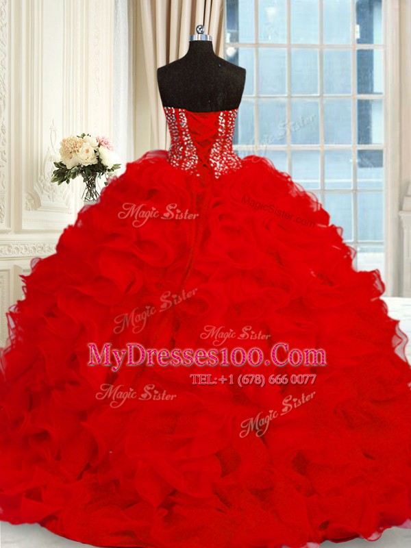 Beading and Ruffles Vestidos de Quinceanera Red Lace Up Sleeveless With Brush Train