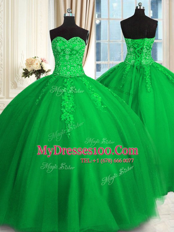 Trendy Sweetheart Sleeveless Tulle 15th Birthday Dress Appliques and Embroidery Lace Up